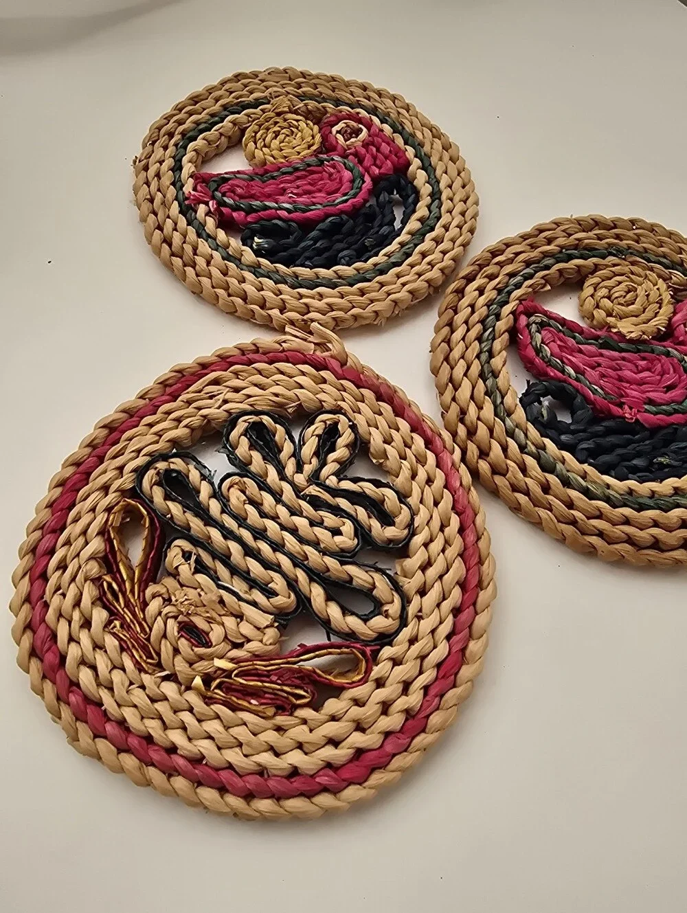 Vintage Boho Handwoven Straw Trivets Bird Wall Decor Set of 3 Rustic Folk Art